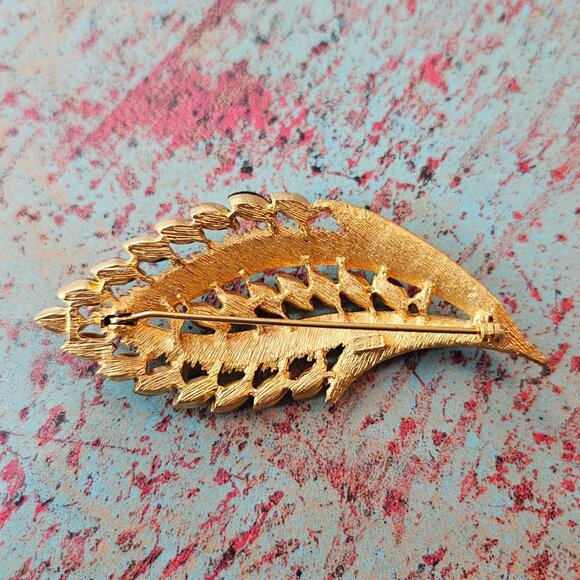 Vintage JJ Gold & Orange Green Brown Stones Fall Statement Leaf Brooch - Picture 4 of 5
